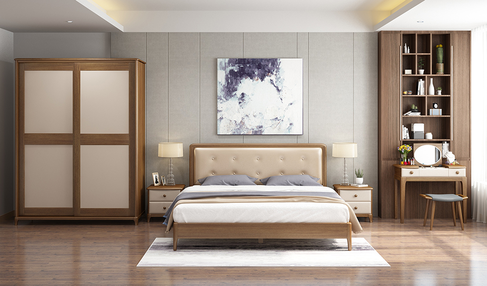 A3102床+B3101床頭柜+C3101妝臺(tái)+E3101妝凳+D3102推門衣柜